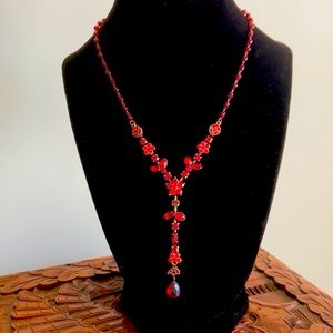 Art Deco Red Beaded Drop Necklace